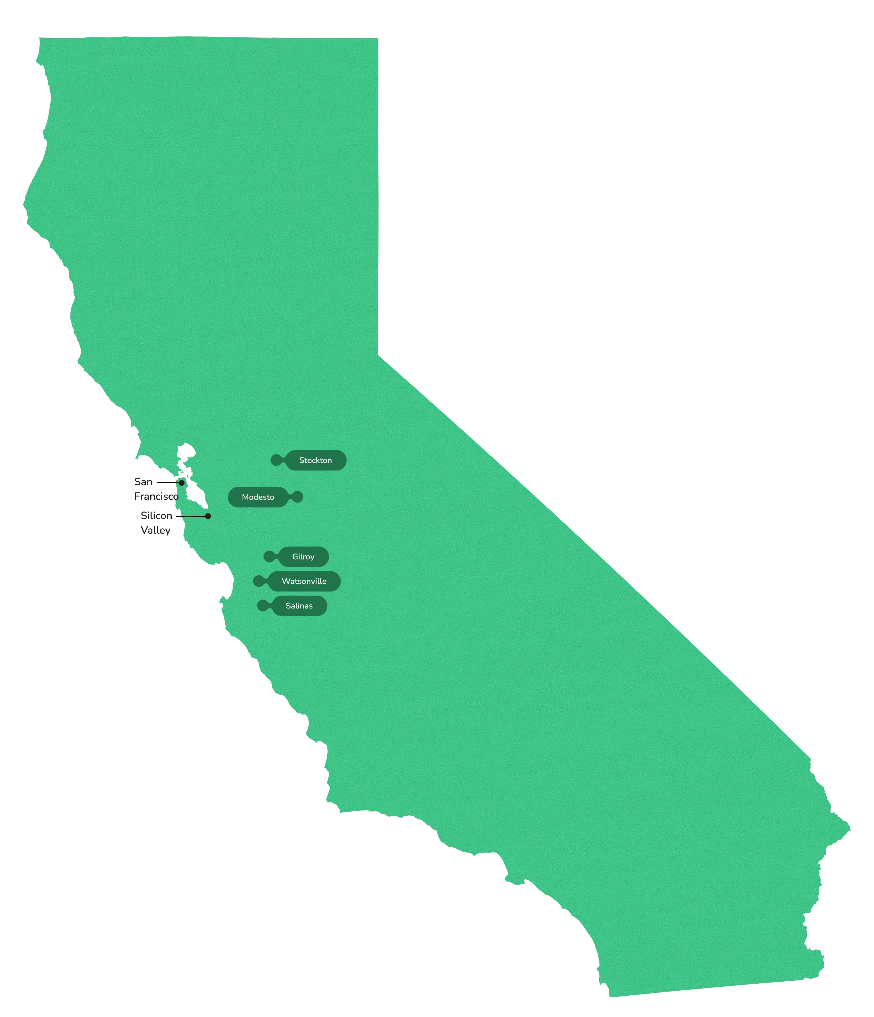 Map of Digital NEST centers across California's Central Coast and Central Valley, including Watsonville, Salinas, Gilroy, Modesto, and Stockton.