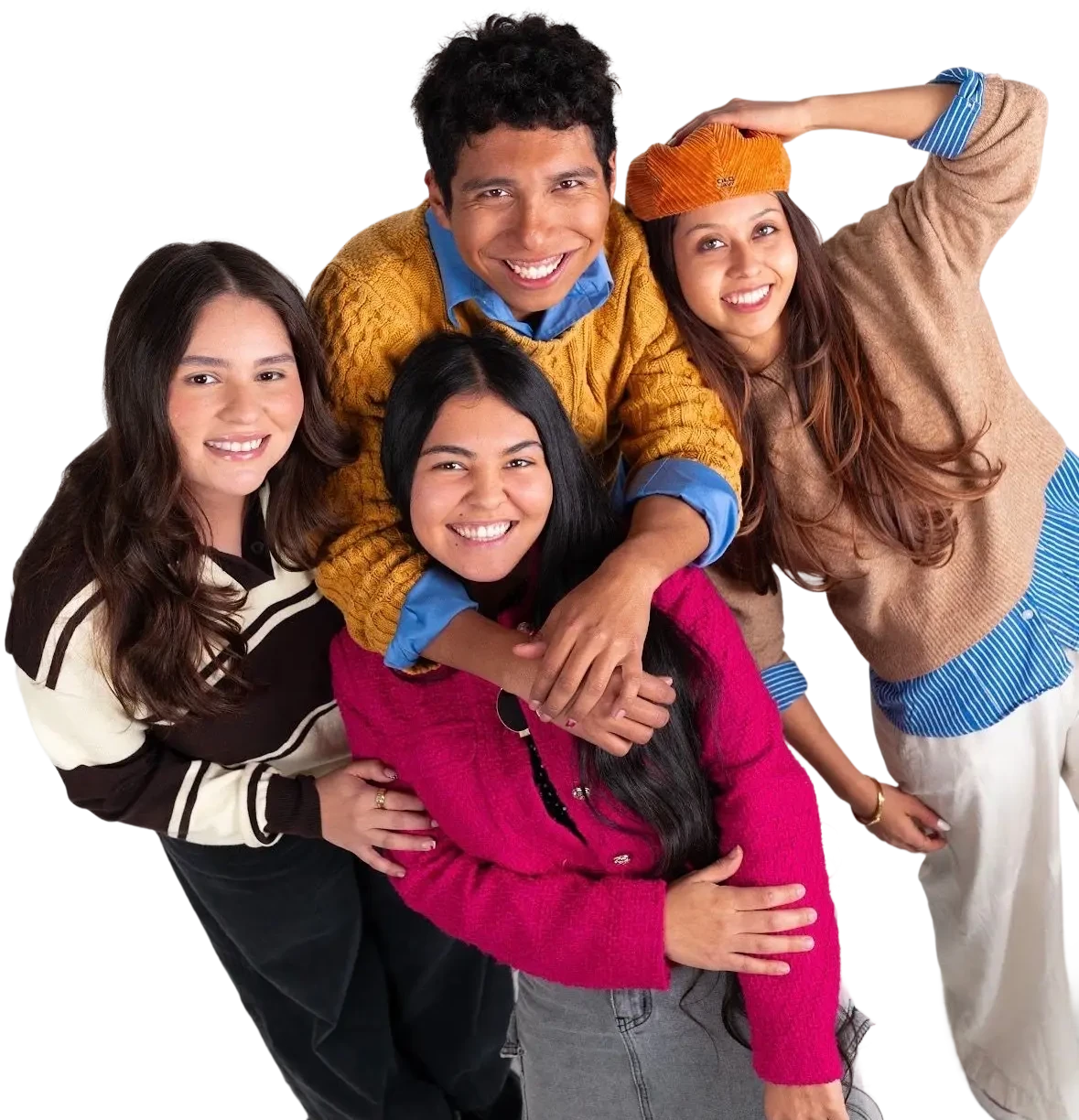 Smiling Digital NEST youth stand together beside a contact form, welcoming new members to a supportive community.